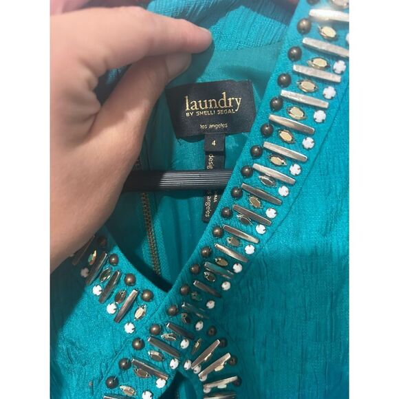 Laundry by Shelli Segal Embellished Collar Teal Sleeveless Mini Dress Size 4 - Picture 8 of 14